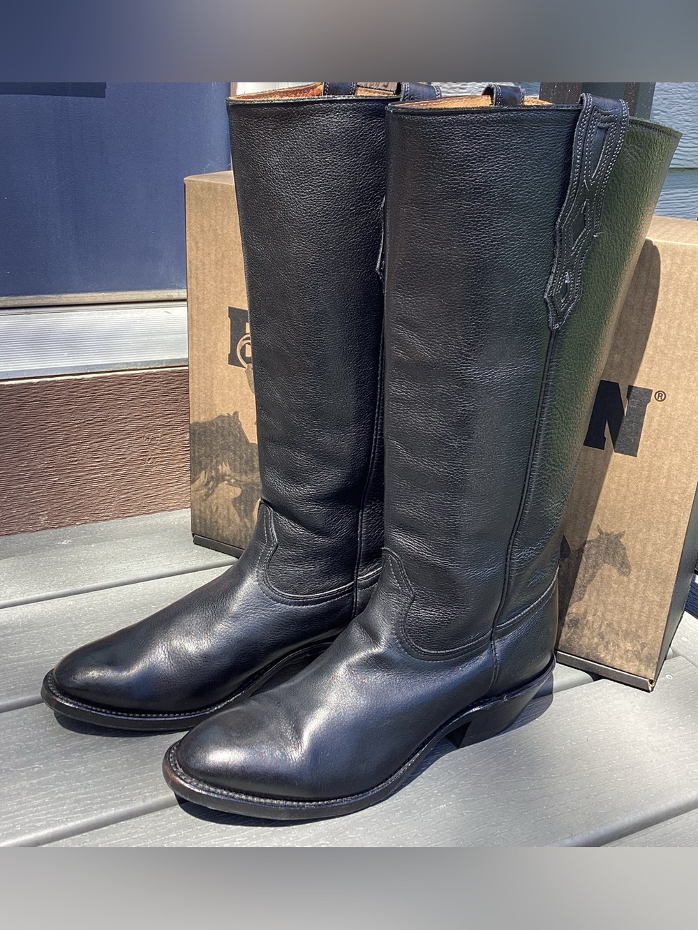 Men's Boulet Model #9005 size 10D Black Deer Tan Leather 16” Tall Western Cowboy